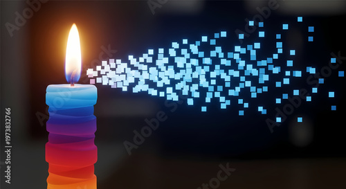 Vibrant rainbow candle with flame emits sparkling blue pixels into dark space its illustration only