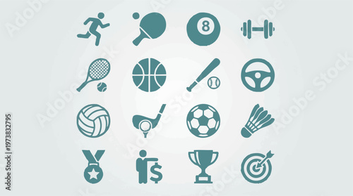 Set of various sports equipment, activity, and award icons