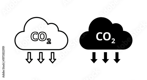 Cloud icons representing CO2 emissions with downward arrows indicating pollution or gas release