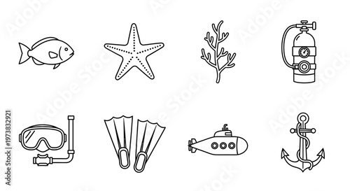 A collection of marine life and underwater exploration icons, including a fish, starfish, coral, oxygen tank, snorkel, flippers, submarine, and anchor, perfect for ocean-themed designs