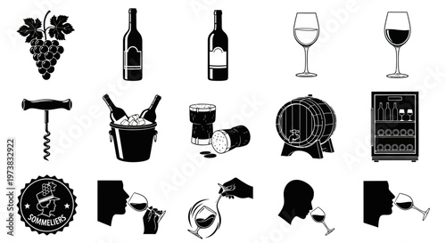 Collection of wine-related icons and illustrations featuring wine bottles, glasses, corkscrews, barrels, and wine coolers, perfect for a beverage or hospitality business