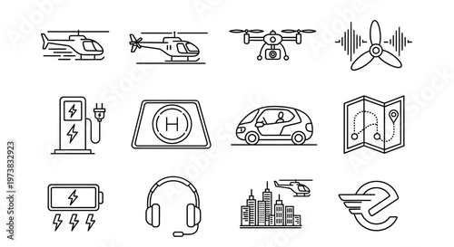 Vector line icons for modern urban mobility and future transport, showcasing electric vehicles, drone technology, smart charging, and advanced city systems, ideal for innovative concepts