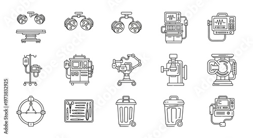 Comprehensive Outline Icon Set for Medical Equipment and Healthcare Technology Essential Tools for Diagnosis and Treatment Facilities