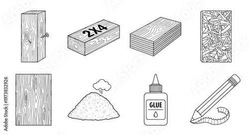 Comprehensive Collection of Woodworking and Construction Material Line Art Icons Lumber, Sawdust, Glue, and Tools for Crafting