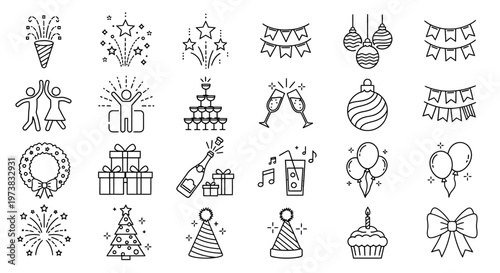 Celebration icons including fireworks, gift boxes, balloons, and party hats for festive occasions