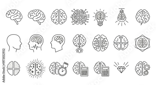 Comprehensive Collection of Brain and Mind Line Art Icons for Intelligence, Creativity, and Learning Concepts – Detailed Vector Graphics Illustrating Thought Processes, Memory, and Cognitive Functions