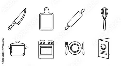 Comprehensive set of essential kitchen tools and cooking utensils in a clean line art style, perfect for culinary and restaurant-themed design projects, web interfaces, 