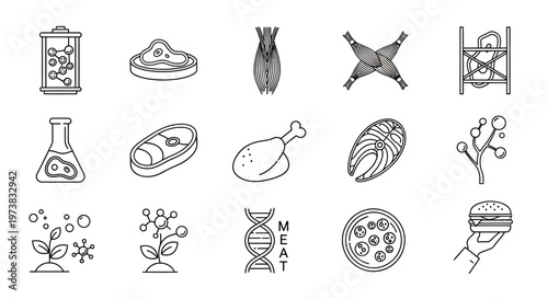 Set of icons representing biotechnology, food production, scientific research, and genetic modification, showcasing cellular structures and DNA