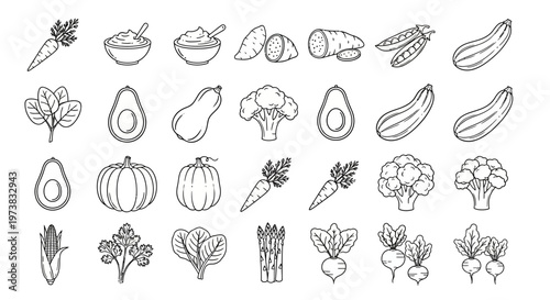 Collection of Healthy Vegetables and Produce Icons, Representing Fresh Ingredients for Cooking and Nutrition