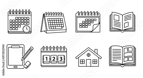 Versatile line art icon collection for daily planning, educational activities, and home management. Essential vector symbols for scheduling, learning, and household tasks