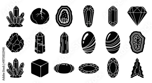 Diverse Black and White Gemstone Icons A Vector Collection for Mineralogy, Jewelry Design, and Earth Science Concepts and Visualizations
