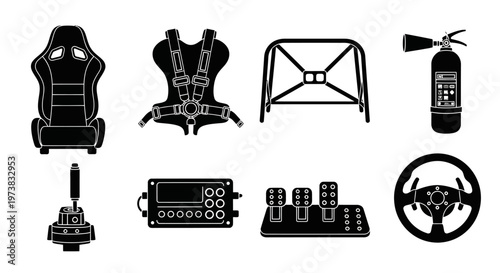 Automotive racing car safety equipment and control components set, including racing seat, harness, roll cage, fire extinguisher, gear shifter, controller, pedals, and steering wheel