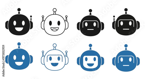 Set of AI chatbot robot head icons in various styles and expressions, ideal for modern technology, virtual assistant, and smart interface application design