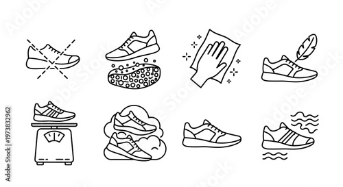 Set of shoe care icons representing cleaning, drying, weight, and protection for footwear
