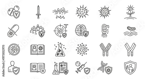 Modern vector line icons representing health protection, immune system function, medical science, disease prevention, and scientific research concepts
