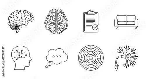 Collection of line art icons representing brain, psychology, thought, and therapy concepts