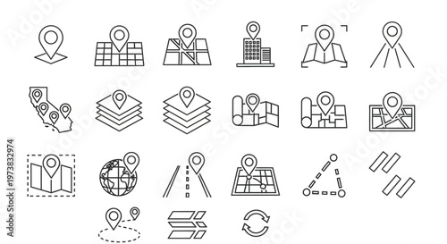 Collection of Location and Navigation Icons depicting maps, pins, and routes for digital interfaces