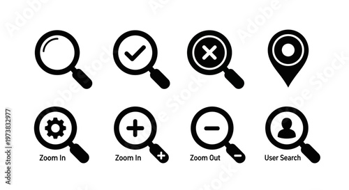 Collection of Zoom and Search Icons Magnifying Glass, Checkmark, Cross, Location Pin, Settings Gear, Plus, Minus, and User
