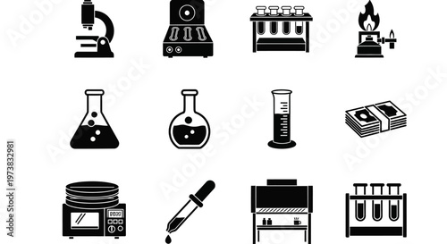 Collection of laboratory equipment icons for scientific research and experiments, including microscopes, beakers, and test tubes