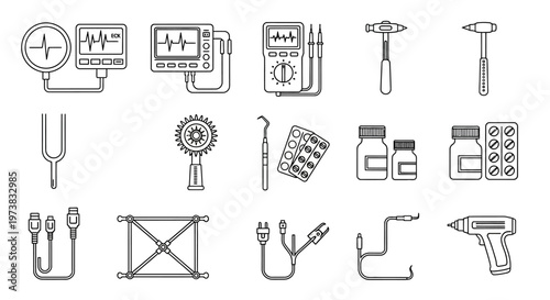 Healthcare technology and scientific instrument vector icons, depicting diagnostic medical devices, electronic tools, and measurement equipment in line art style