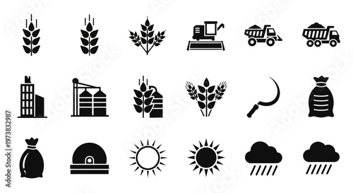 Comprehensive Agricultural Elements and Farming Process Icons for Harvest and Cultivation, Featuring Grain, Machinery, Weather, and Storage Symbols
