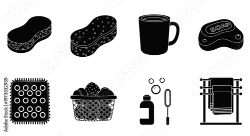 Collection of Simple Black and White Icons Representing Everyday Bathroom Essentials, Hygiene Products, and Cleaning Supplies for Home Care