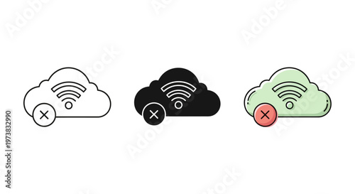 Cloud computing error icon with Wi-Fi symbol and cross mark, representing connection issues