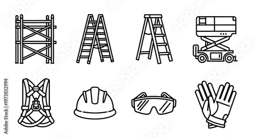 Collection of safety equipment and construction tools including scaffolding, ladders, safety harness, hard hat, goggles, gloves, and scissor lift illustration