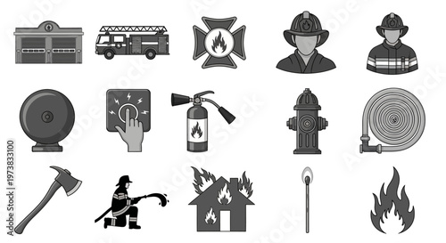 Comprehensive Collection of Fire Safety and Emergency Response Icons in Monochrome for Public Services and Protection Concepts