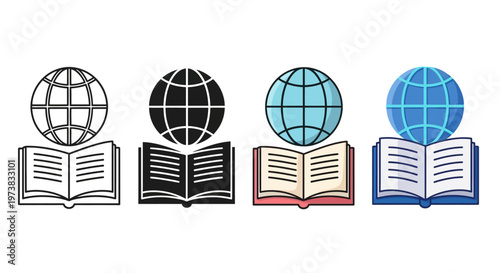 Open book with globe icon set, representing knowledge and learning across the world