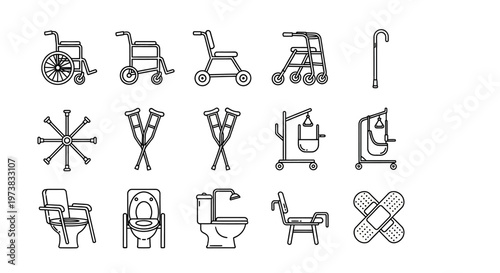 Comprehensive collection of medical assistive device line icons, highlighting mobility aids and healthcare equipment for accessibility and patient care. Vector illustrations for people 