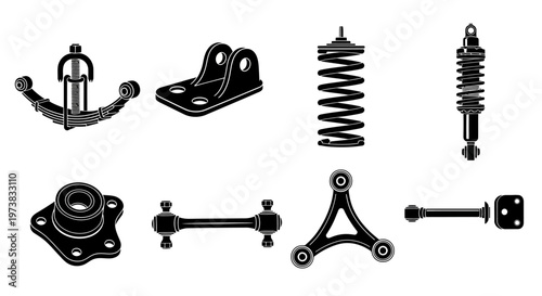 Collection of various automotive suspension and chassis components including springs, shock absorbers, and linkages