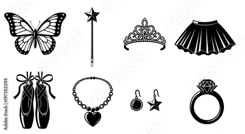 Collection of ballet and princess-themed icons including a butterfly, wand, tiara, tutu, ballet slippers, necklace, earrings, and a ring for creative design projects