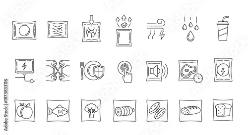 A diverse concept collection of hand-drawn line art icons representing food packaging, delivery, safety, and daily essentials for various consumer and service applications