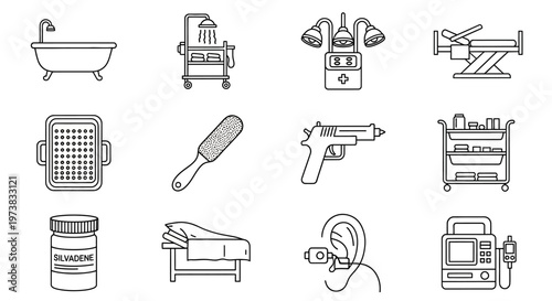 Collection of medical and wellness icons representing healthcare, body care, and safety equipment
