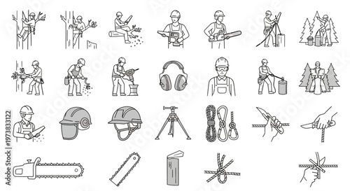 Comprehensive collection of monochrome icons depicting forestry activities, logging processes, tree felling, and essential safety equipment for professional arborist and lumberjack work