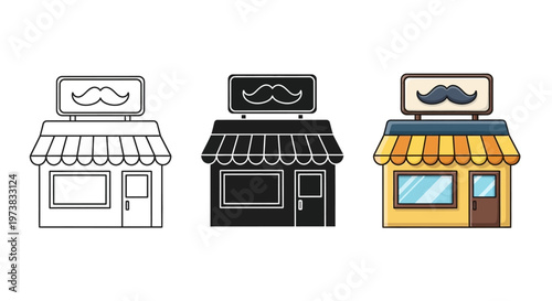 Classic barbershop building icon set with mustache sign, offering a vintage and traditional symbol for men's grooming services and hair salons