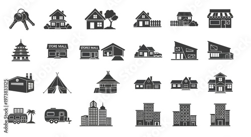 Set of Building Icons Including Houses, Shops, and Commercial Structures
