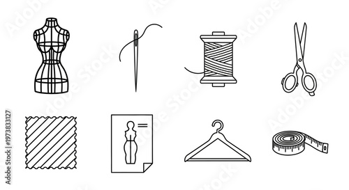 Set of minimalist line art icons for sewing, fashion design, and tailoring. Essential tools and elements for garment creation and dressmaking in a modern style