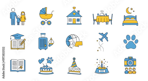 Collection of icons representing life events, family, travel, education, celebrations, and home