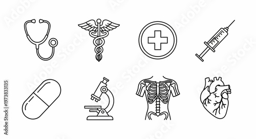 Comprehensive collection of healthcare and medical line icons in a vector illustration set, featuring essential hospital and clinic symbols for health-related designs and web applications