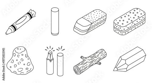 A collection of school supplies and art tools, featuring crayons, erasers, chalk, and drawing pencils on a white background