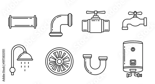 Plumbing Icons Set. Outline graphics for water supply, pipes, valves, faucets, showerheads, and water heaters. Essential household utility symbols