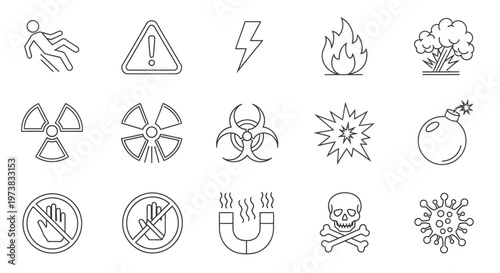 A comprehensive collection of outline warning icons depicting various hazards including radiation, biohazard, electricity, fire, explosion, and toxic substances for safety awareness designs