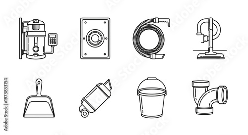 Collection of cleaning supplies and tools, including a vacuum cleaner, hose, dustpan, bucket, and pipe fittings, presented in a line drawing style for ease of use and clarity
