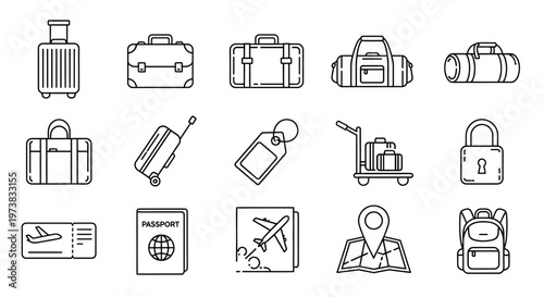 Modern Set of Linear Travel Essentials, Airport Baggage, and Vacation Journey Icons for Digital Design and User Interface Elements