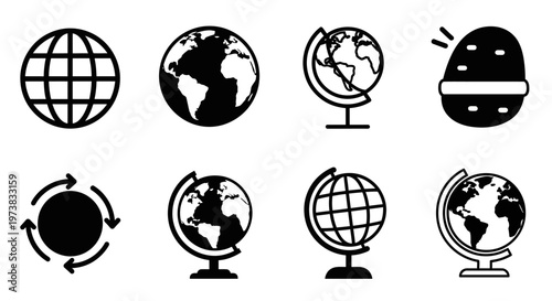Diverse Collection of Globe and World Map Icons Representing Global Concepts, Geography, and International Reach with Digital and Educational Themes