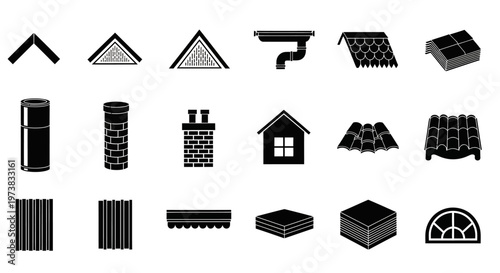 Comprehensive collection of architectural and roofing elements presented as diverse flat black icons, showcasing various building components and construction detail symbols
