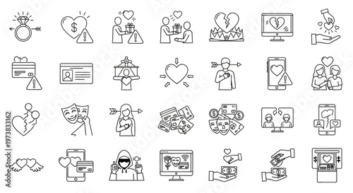 Collection of Line Icons Representing Love, Relationships, Online Dating, and Financial Transactions