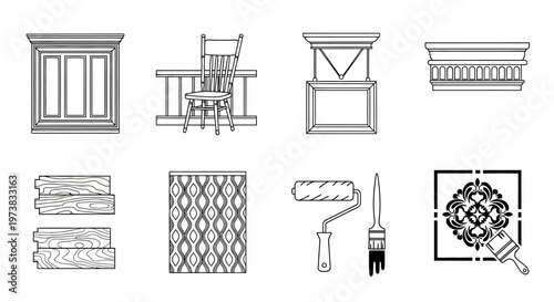 Collection of home improvement and renovation icons including windows, chairs, paint rollers, and decorative patterns